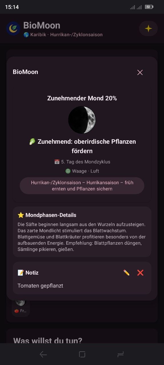 Tagesansicht mit Mondphase und Garten-Empfehlung
